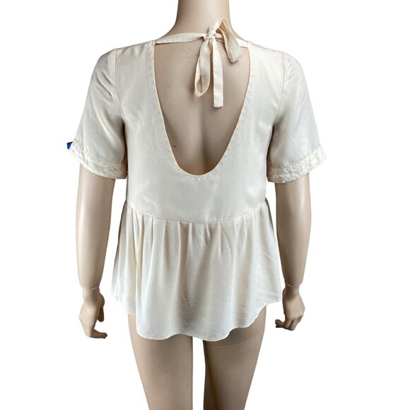 Lauren Moffatt Top Size Small Silk Cream Peplum‎ Blouse Embroidery Short Sleeves - Picture 7 of 7